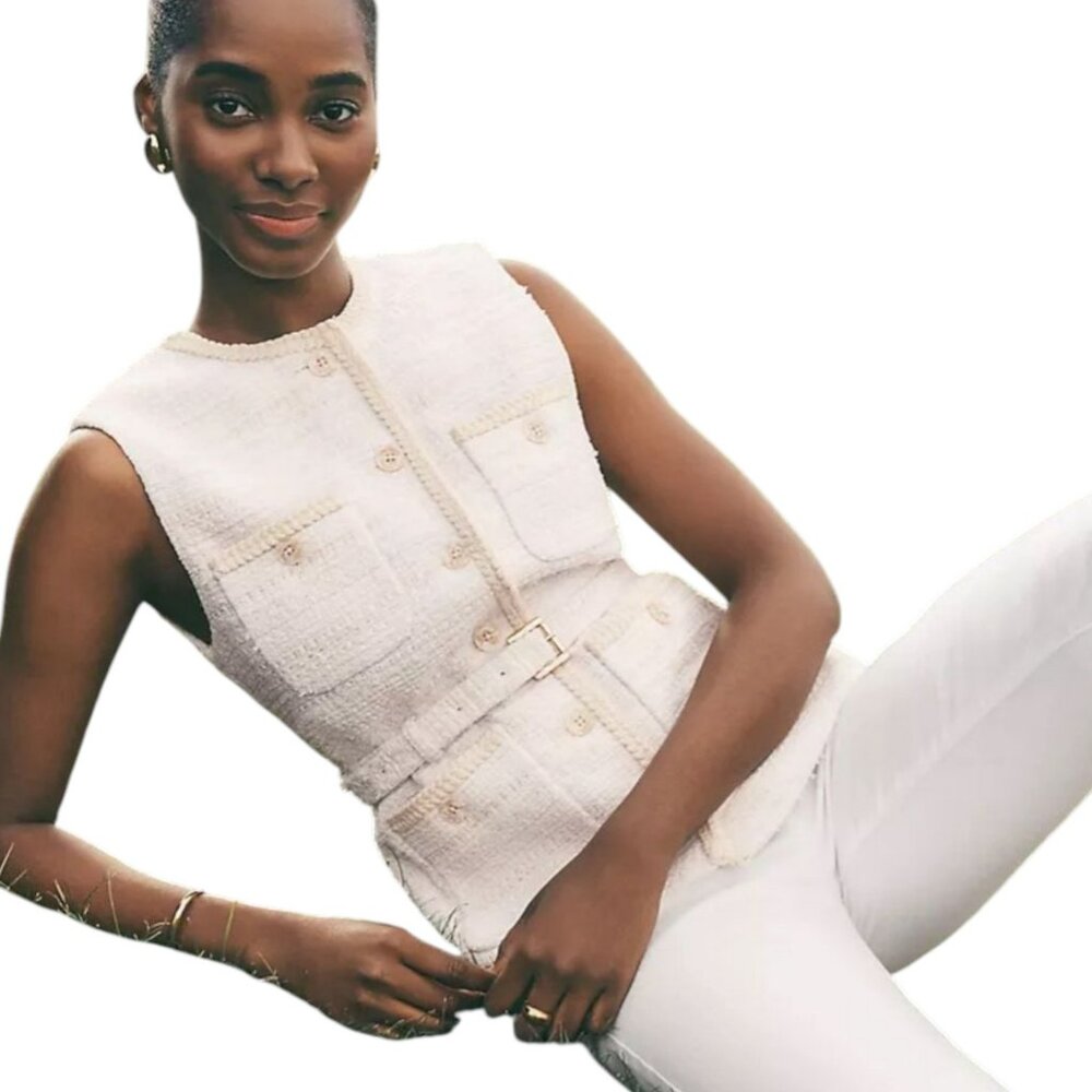 NWT Ann Taylor White Tweed Belted Vest with gold embroidery, size 4